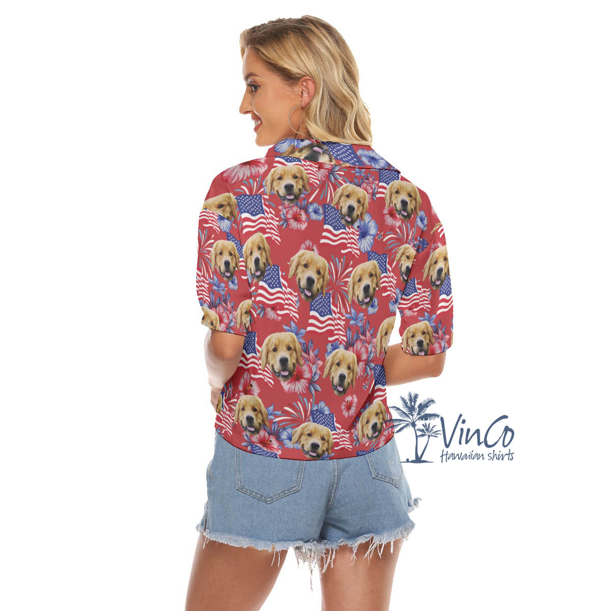 Funny Custom Dog Face 4th Of July Floral Red Aloha Crop Top Shirt For Women