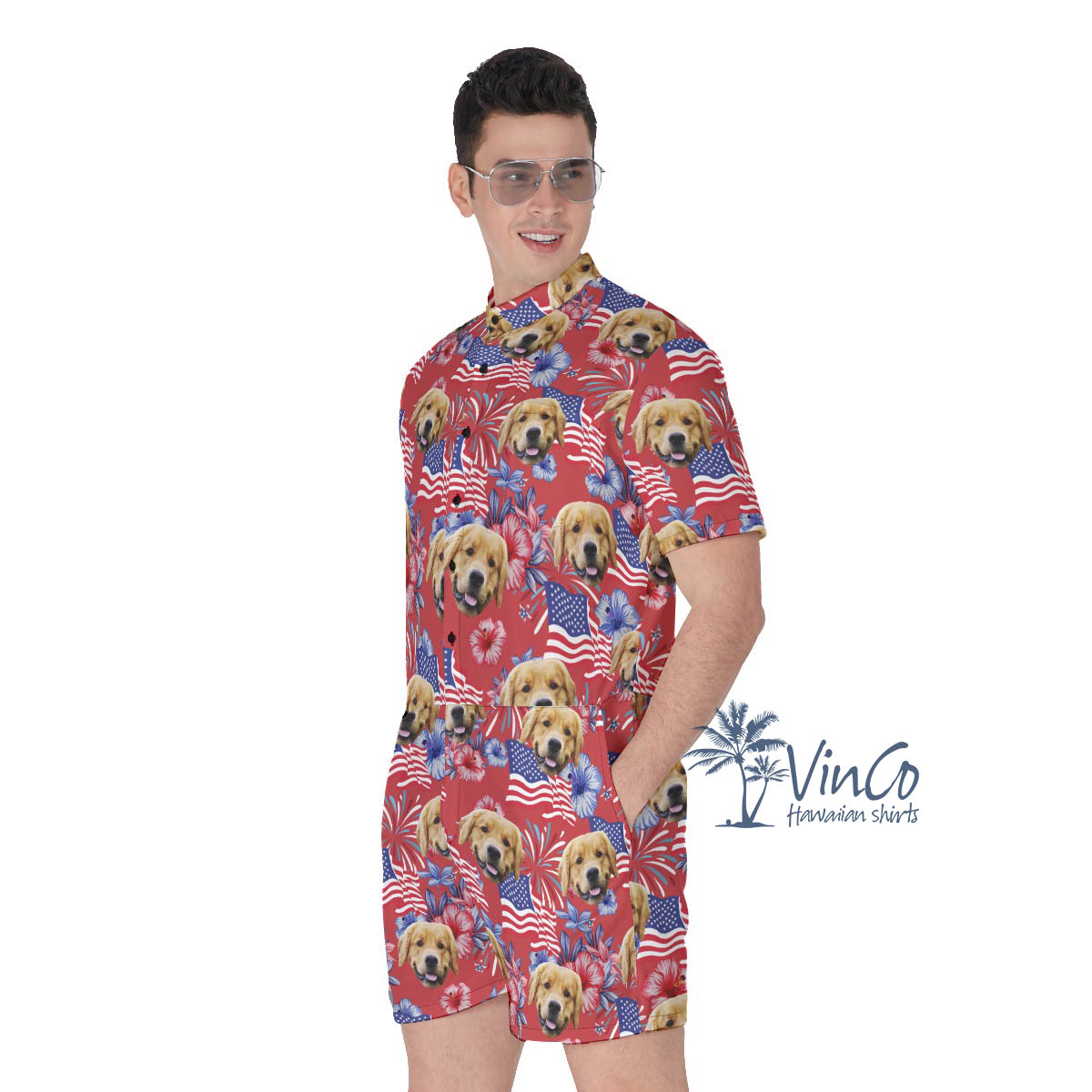 Funny Custom Dog Face Floral Patriotic Hawaiian Romper For Men