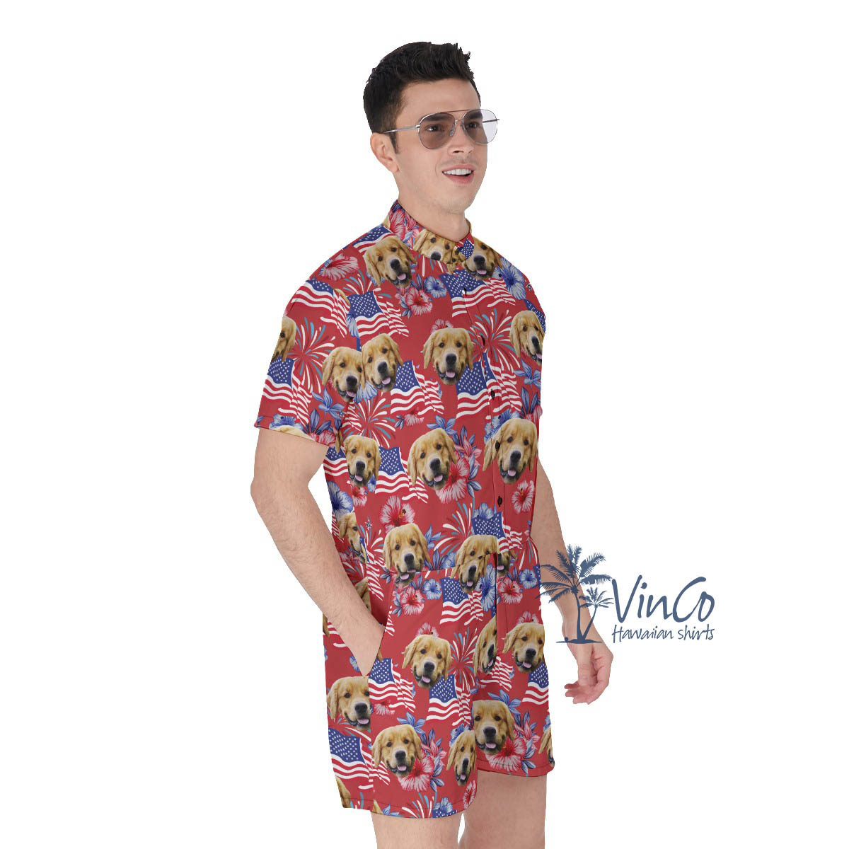 Funny Custom Dog Face Floral Patriotic Hawaiian Romper For Men