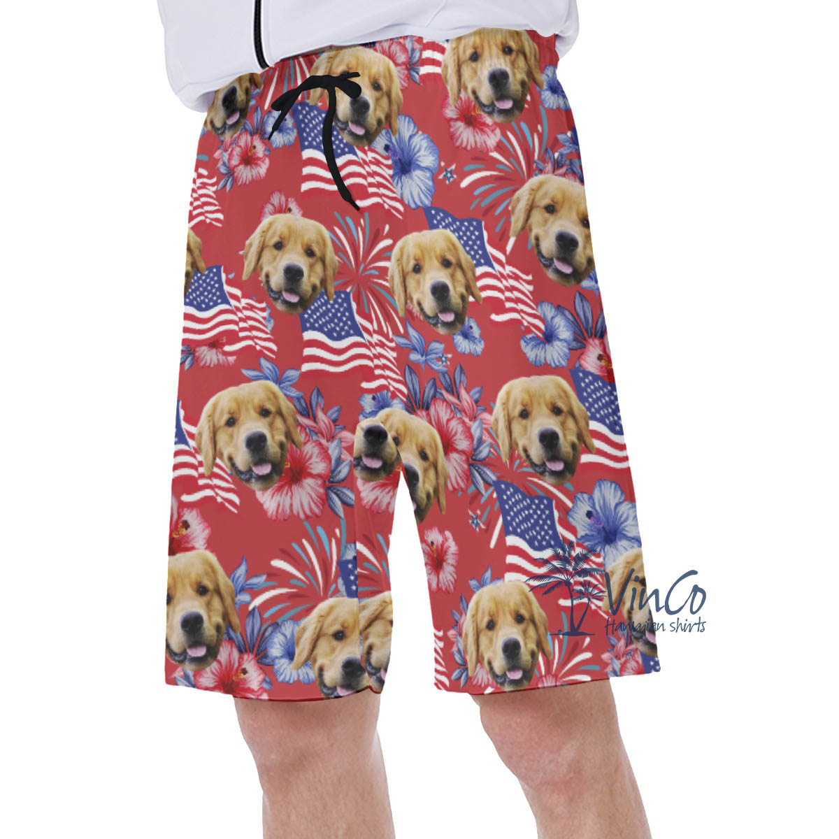 Funny American Flag Floral Patriotic Hawaiian Swim Trunks With Custom Dog Face