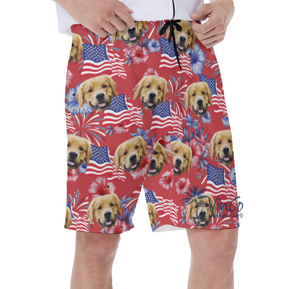 Funny American Flag Floral Patriotic Hawaiian Swim Trunks With Custom Dog Face
