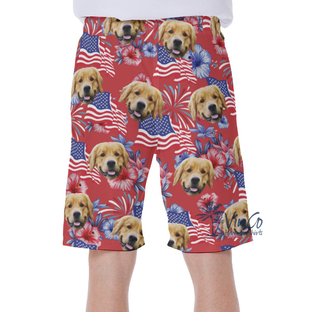 Funny American Flag Floral Patriotic Hawaiian Swim Trunks With Custom Dog Face