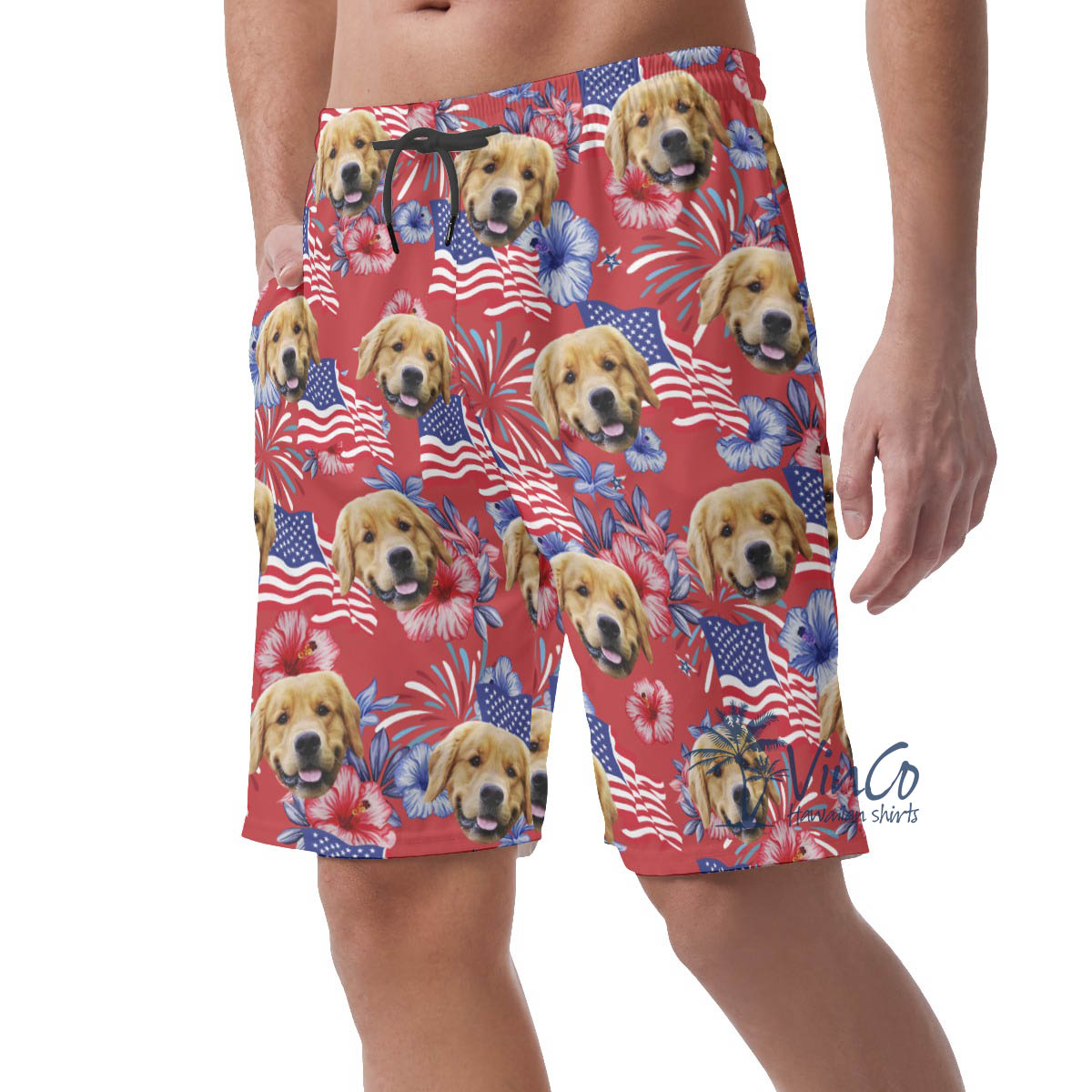 American Flag Floral Hawaiian Beach Shorts With Custom Dog Face