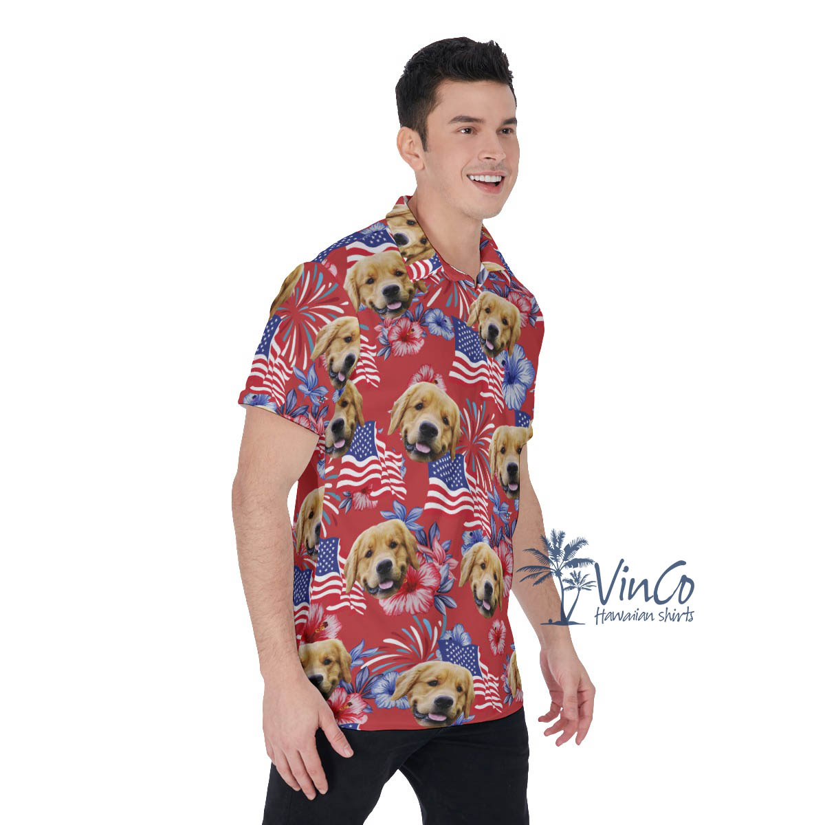 Custom Dog Face Floral Patriotic Red Hawaiian Polo Shirt For Men