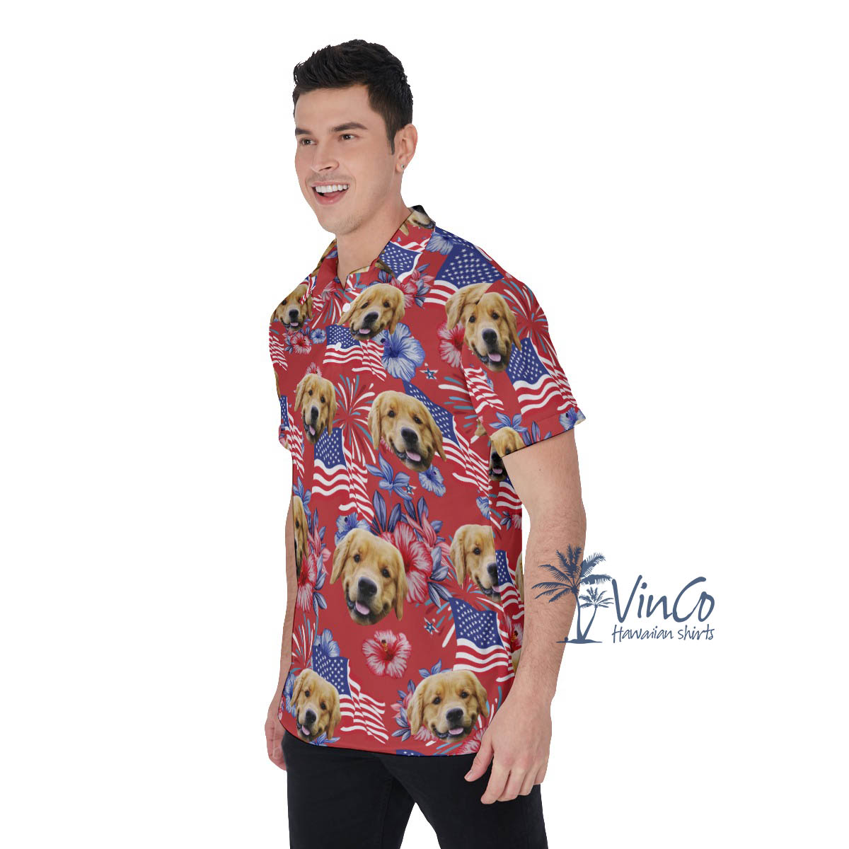 Custom Dog Face Floral Patriotic Red Hawaiian Polo Shirt For Men