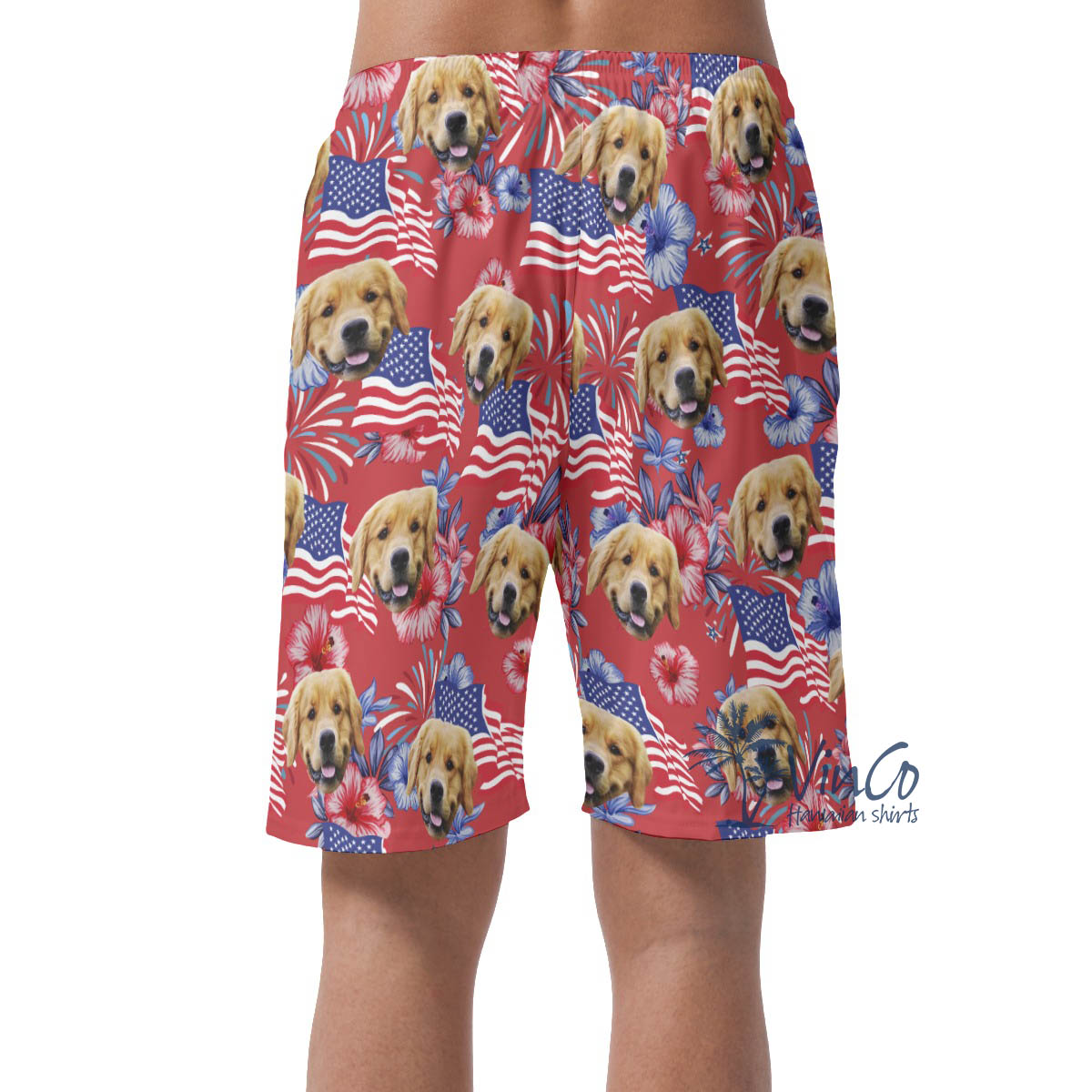 American Flag Floral Hawaiian Beach Shorts With Custom Dog Face