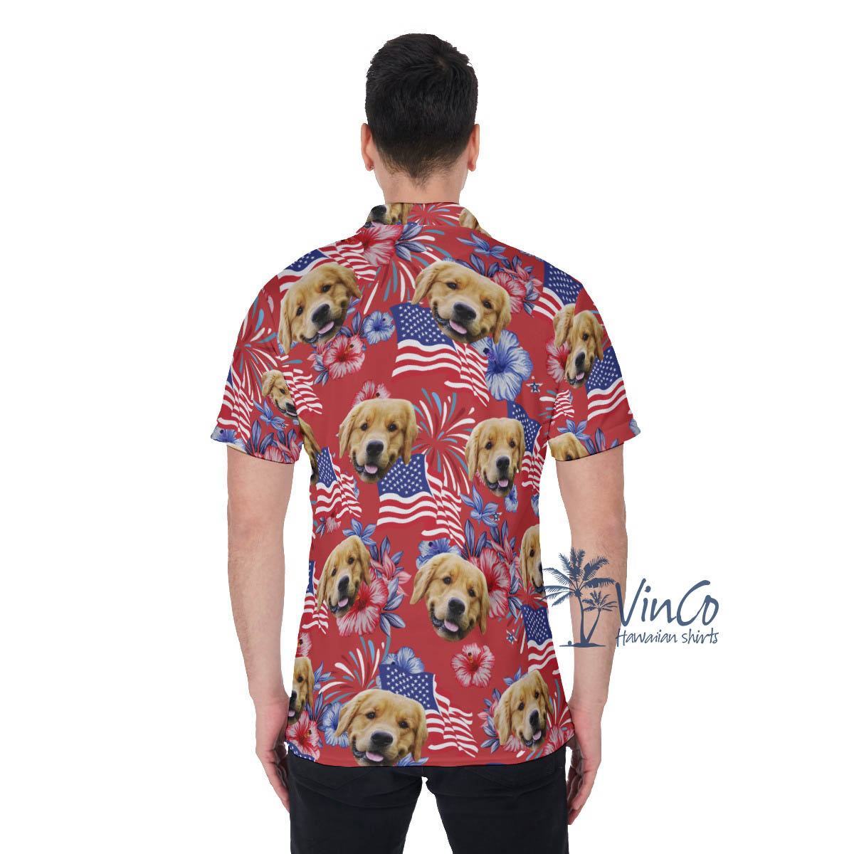 Custom Dog Face Floral Patriotic Red Hawaiian Polo Shirt For Men
