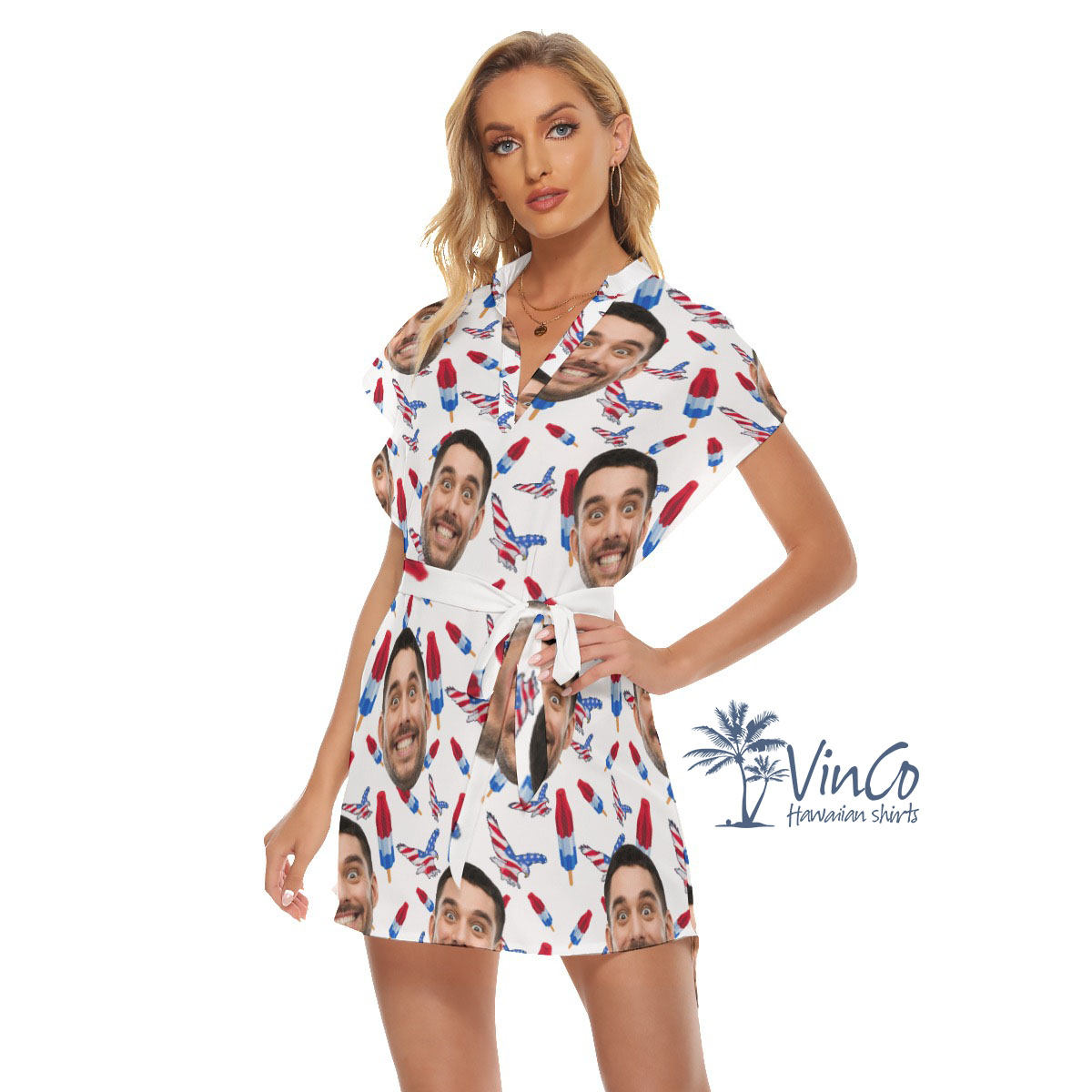 4th Of July Custom Face Women's Hawaiian Dress With Belt