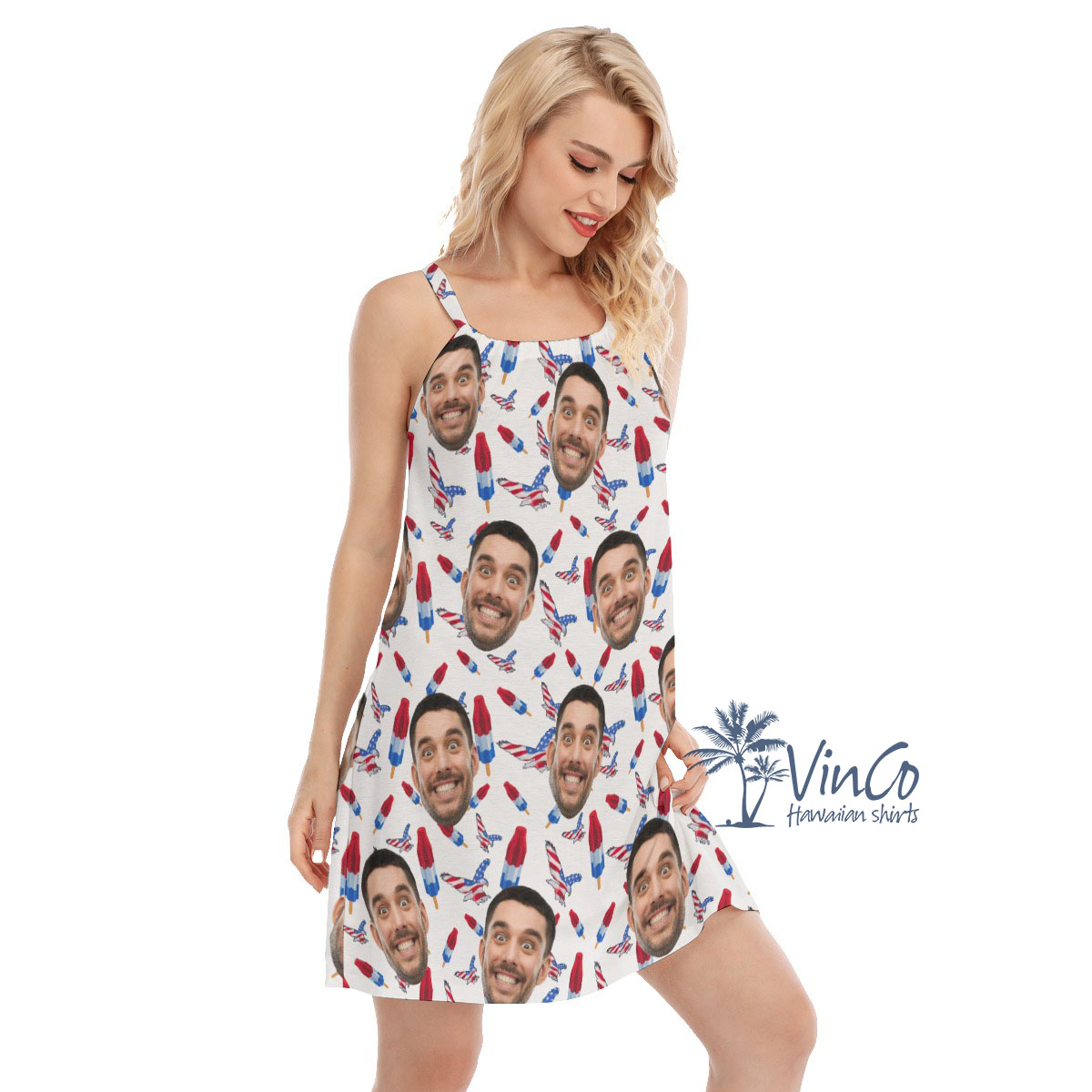 White Red And Blue Custom Women's Patriotic Dress With Faces