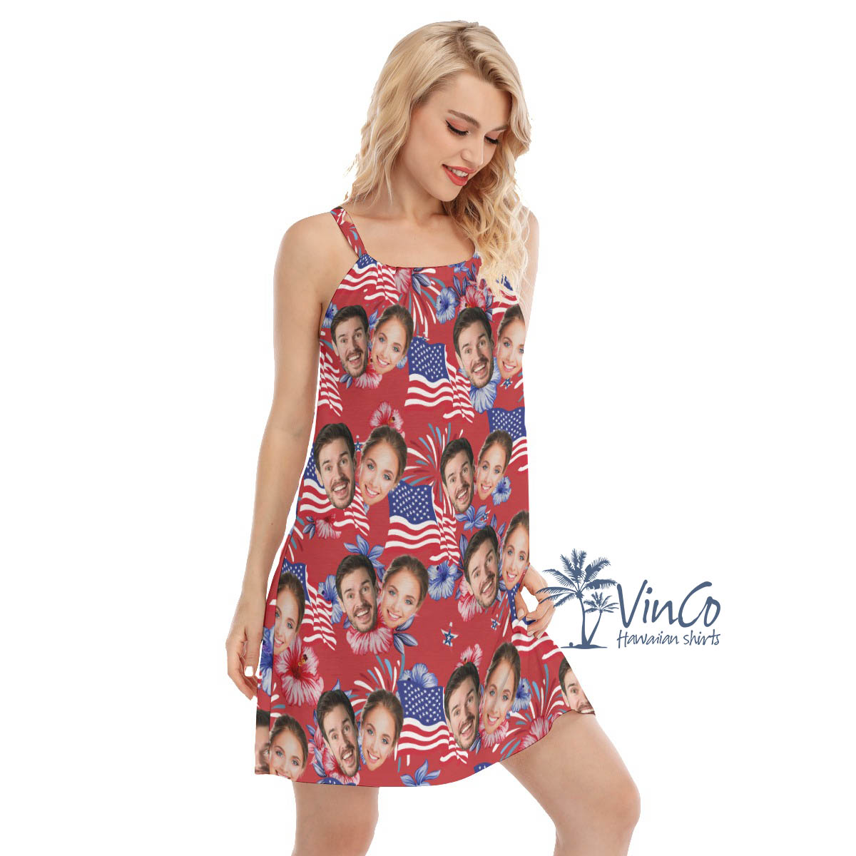 Floral American Flag Custom Face Hawaiian Dresses For Women