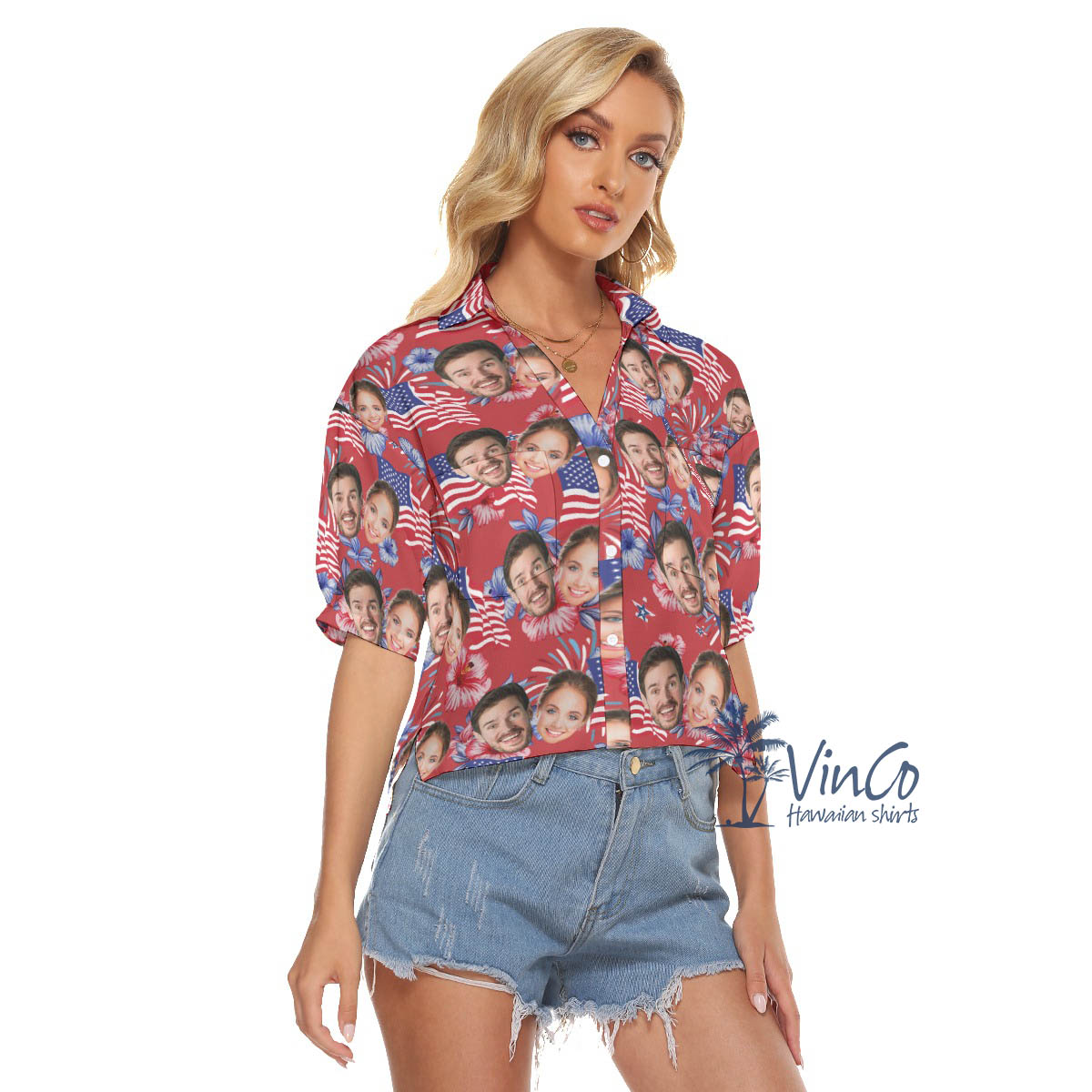 Floral American Flag Hawaiian Crop Top Shirt With Custom Multiple Faces