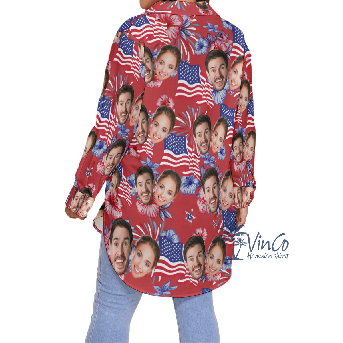 American Flag Patriotic Red Hawaiian Plus Size Shirt With Custol Multiple Faces