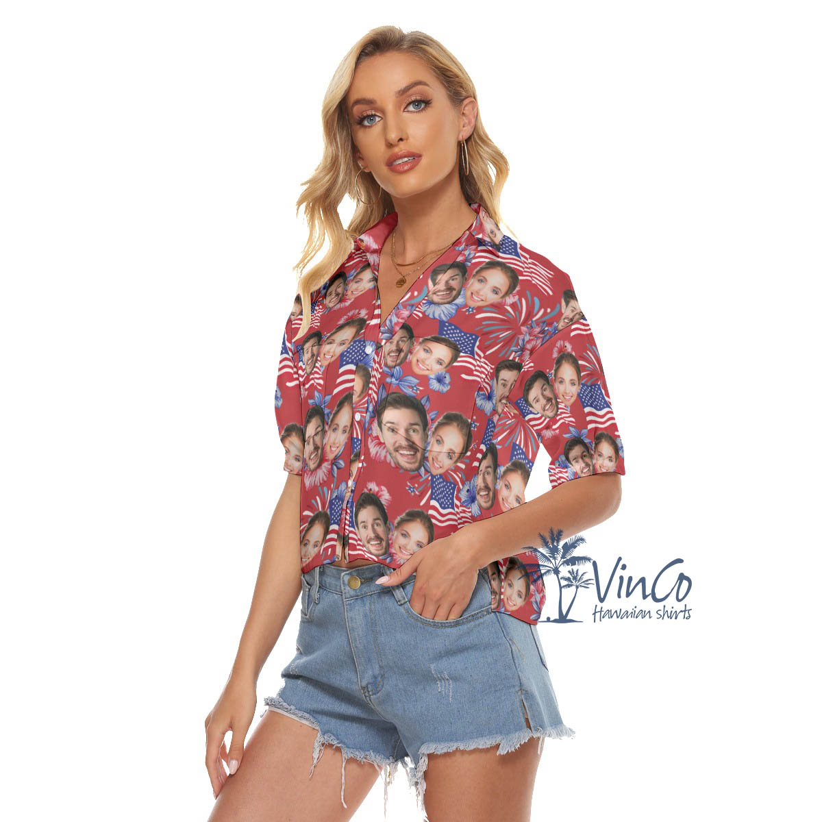 Floral American Flag Hawaiian Crop Top Shirt With Custom Multiple Faces