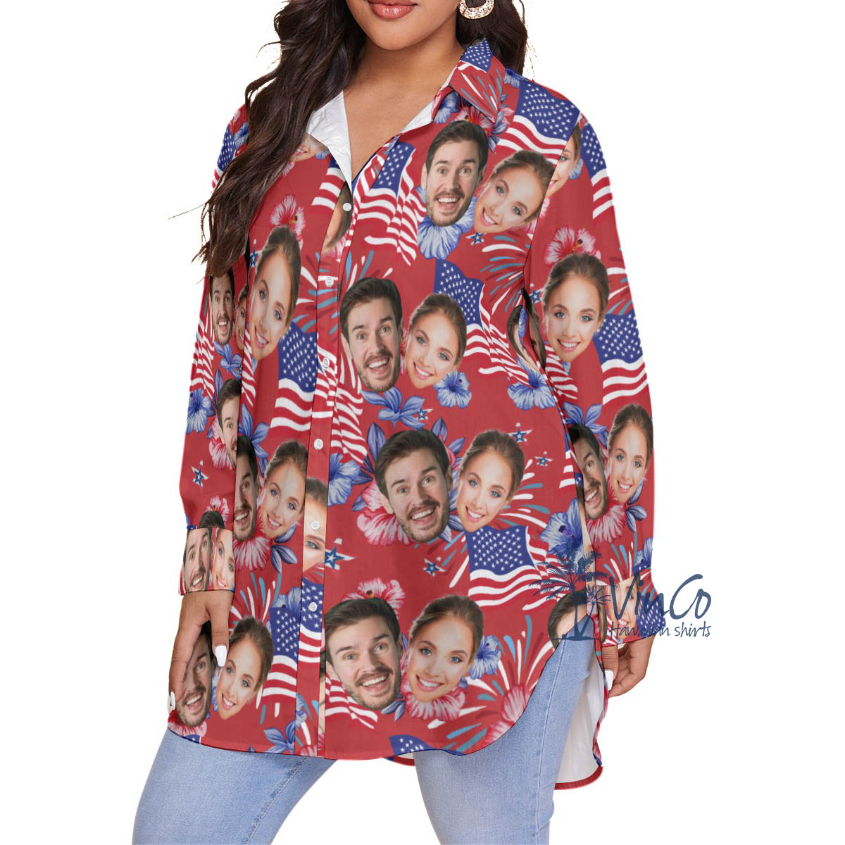 American Flag Patriotic Red Hawaiian Plus Size Shirt With Custol Multiple Faces