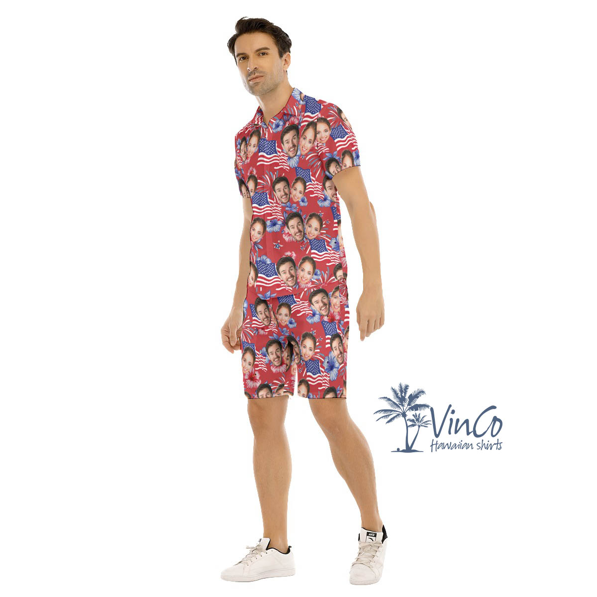 American Flag Firework Custom Face Hawaiian Shirt And Matching Shorts For Men