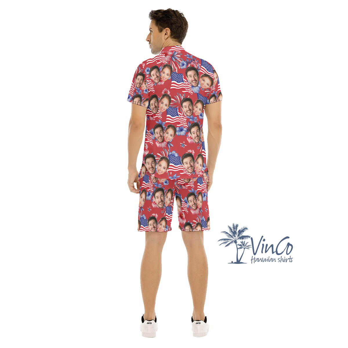 American Flag Firework Custom Face Hawaiian Shirt And Matching Shorts For Men