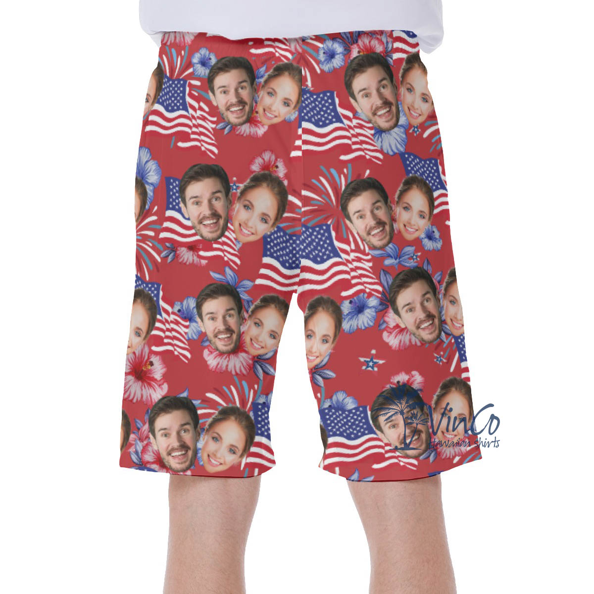 American Flag Custom Multiple Faces Floral Hawaiian Swim Trunks For Men