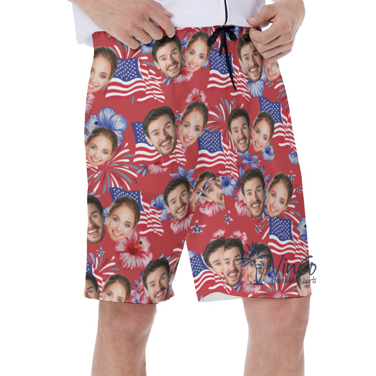 American Flag Custom Multiple Faces Floral Hawaiian Swim Trunks For Men