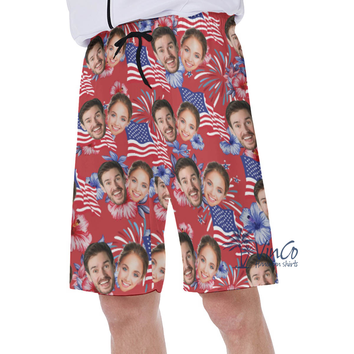 American Flag Custom Multiple Faces Floral Hawaiian Swim Trunks For Men