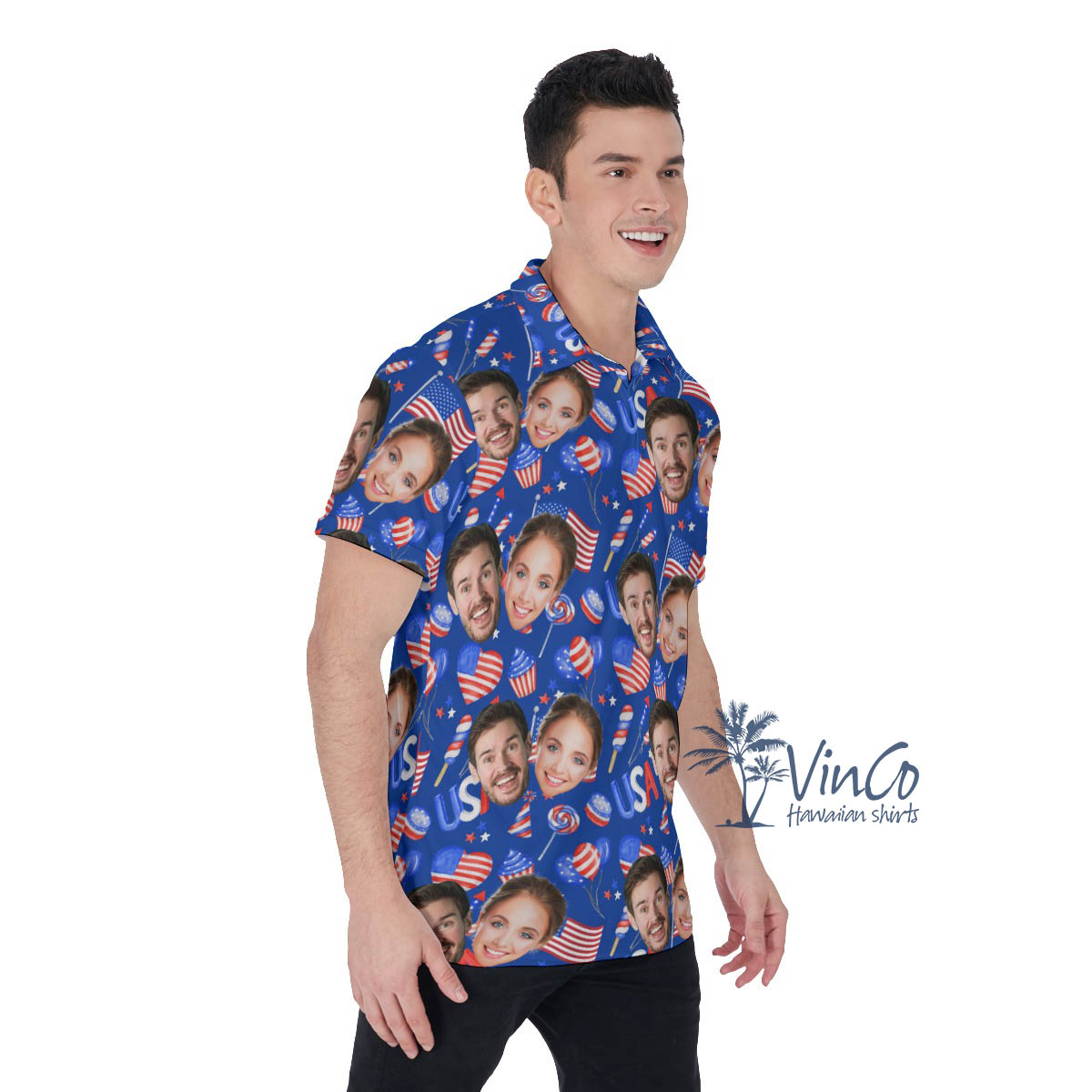 4th Of July Custom Face Couples Hawaiian Polo Shirt For Men