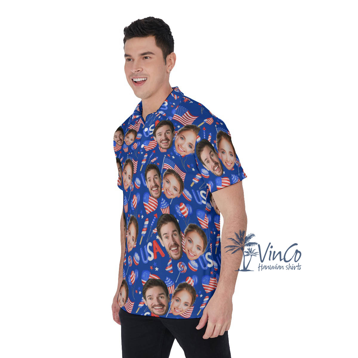 4th Of July Custom Face Couples Hawaiian Polo Shirt For Men