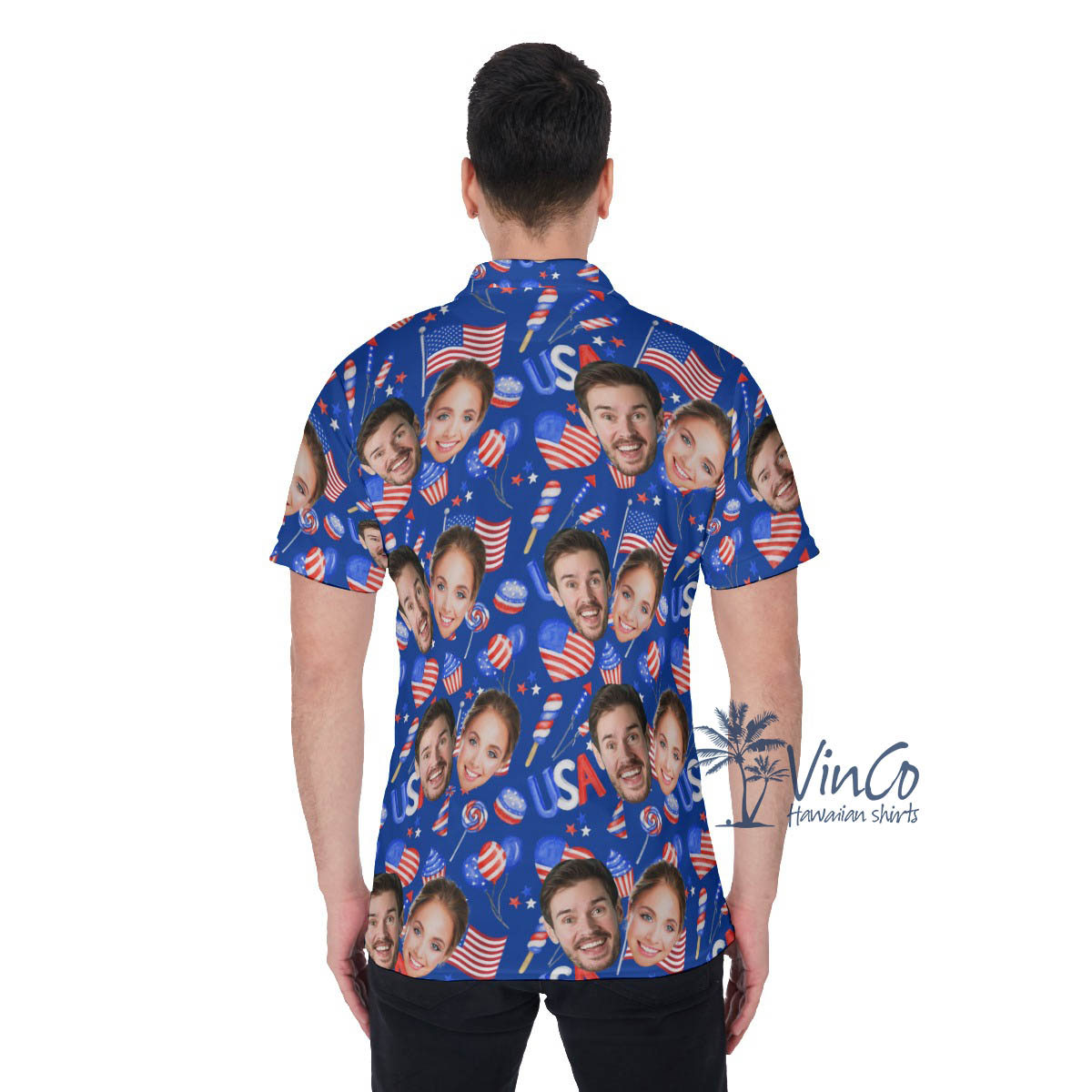 4th Of July Custom Face Couples Hawaiian Polo Shirt For Men