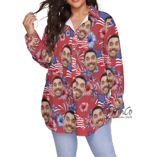 Funny Custom Face Patriotic American Flag Plus Size Hawaiian Shirt For Women