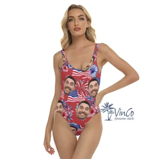 Floral American Flag Firework Hawaiian Swimsuit With Custom Face