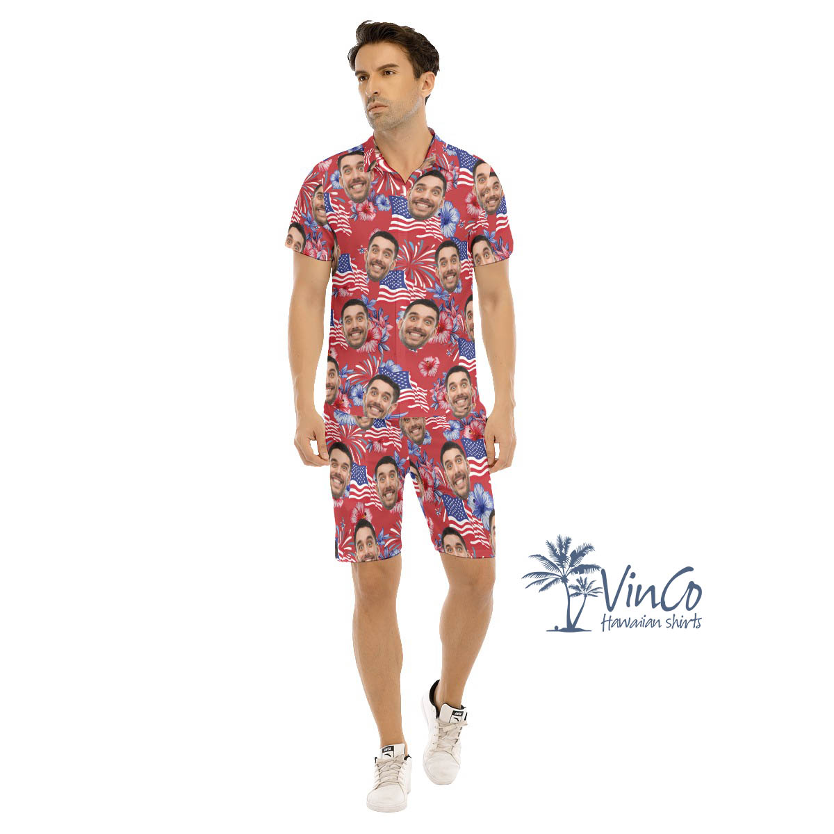 4th Of July Custom Face Red Hawaiian Shirt And Matching Shorts For Men - variant image 1