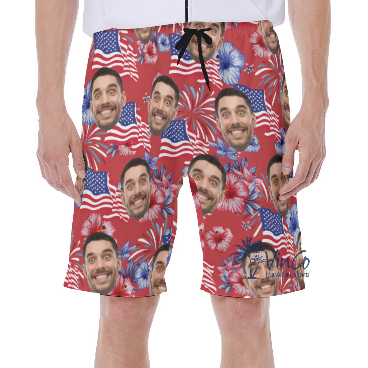 Funny Custom Face American Flag Floral Hawaiian Swim Trunks For Men - variant image 1