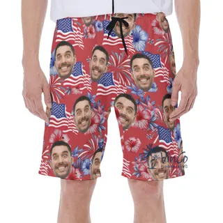 Funny Custom Face American Flag Floral Hawaiian Swim Trunks For Men