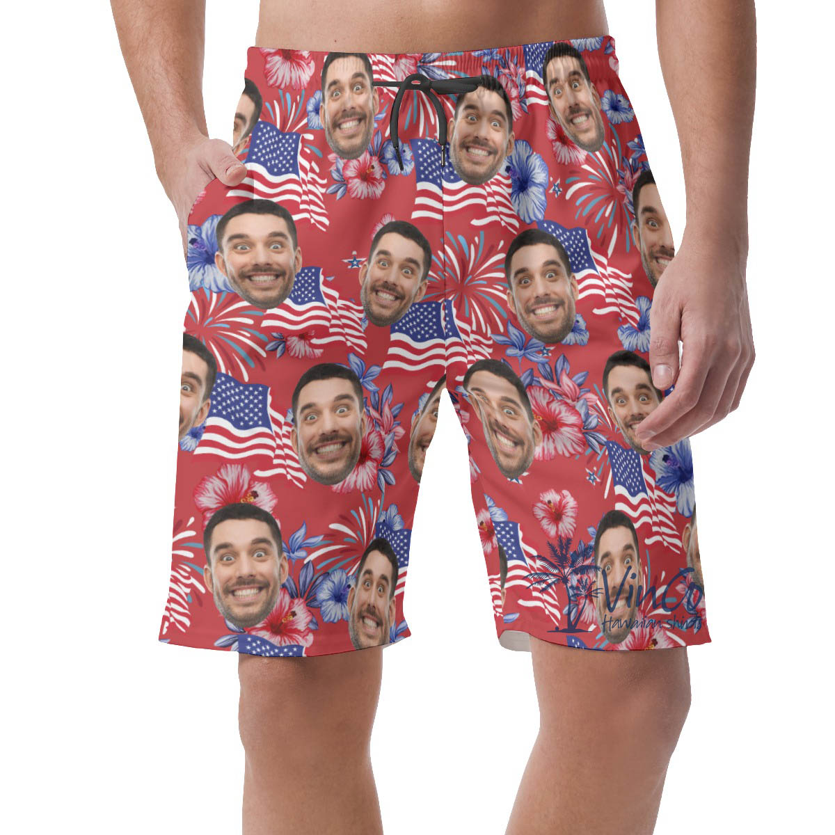 4th Of July Floral Custom Face Hawaiian Beach Shorts For Men - variant image 1