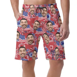 4th Of July Floral Custom Face Hawaiian Beach Shorts For Men
