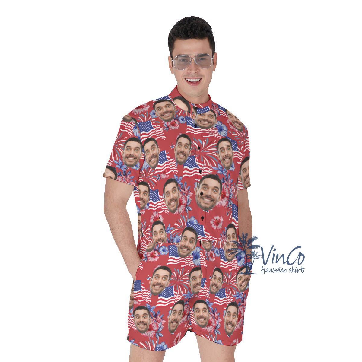 Custom Face Patriotic Hibiscus Hawaiian Romper For Men - variant image 1