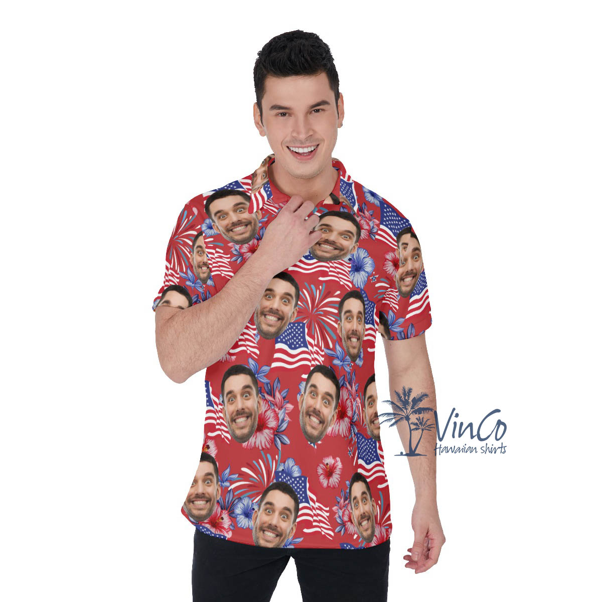 American Flag Firework Custom Face Hawaiian Polo Shirt For Men - variant image 1