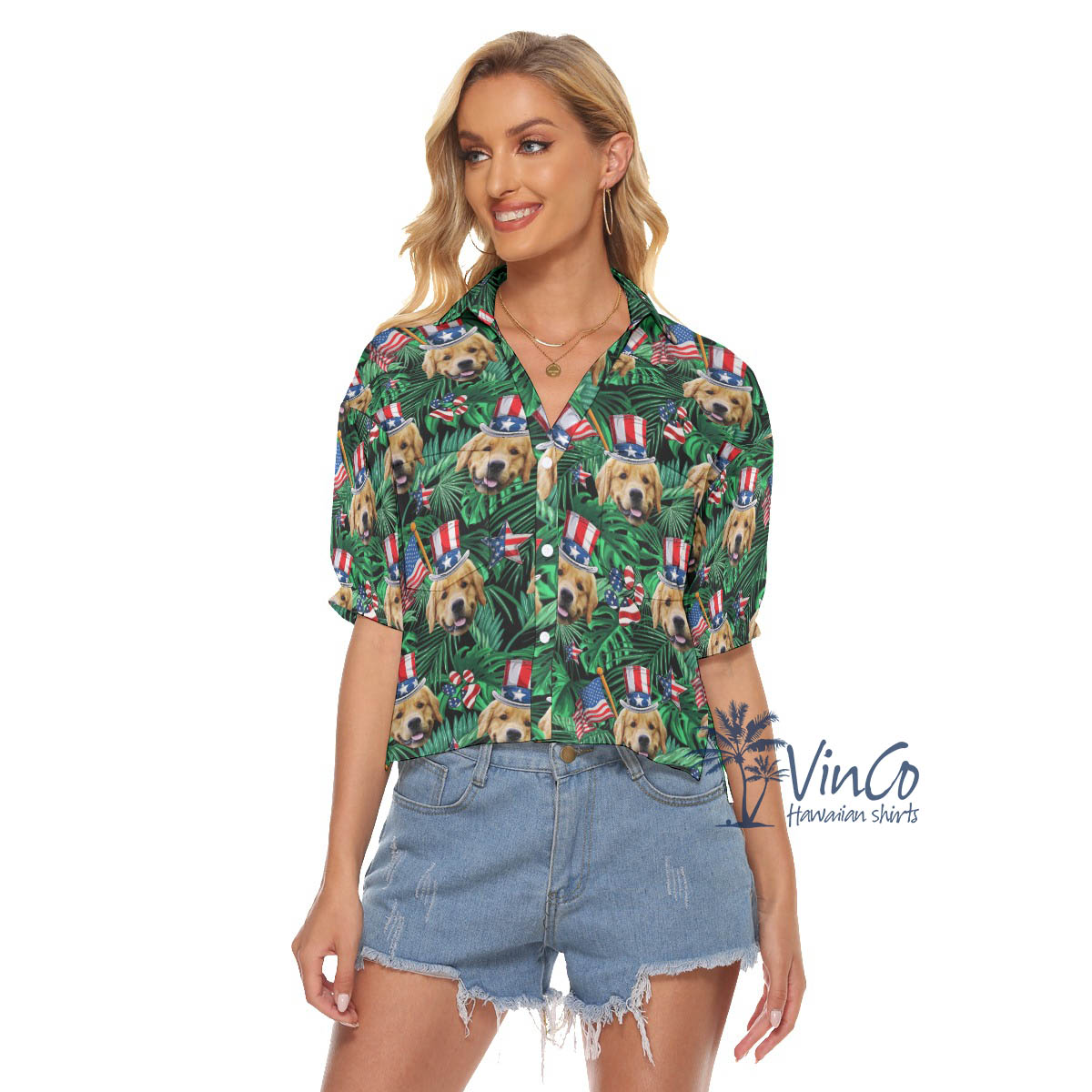 Custom Dog Face Patriotics Tropical Hawaiian Crop Top Shirt For Women - variant image 1