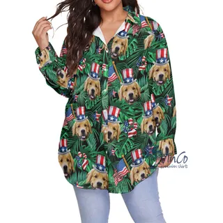 4th Of July Custom Dog Face Hawaiian Plus Size Shirt For Women