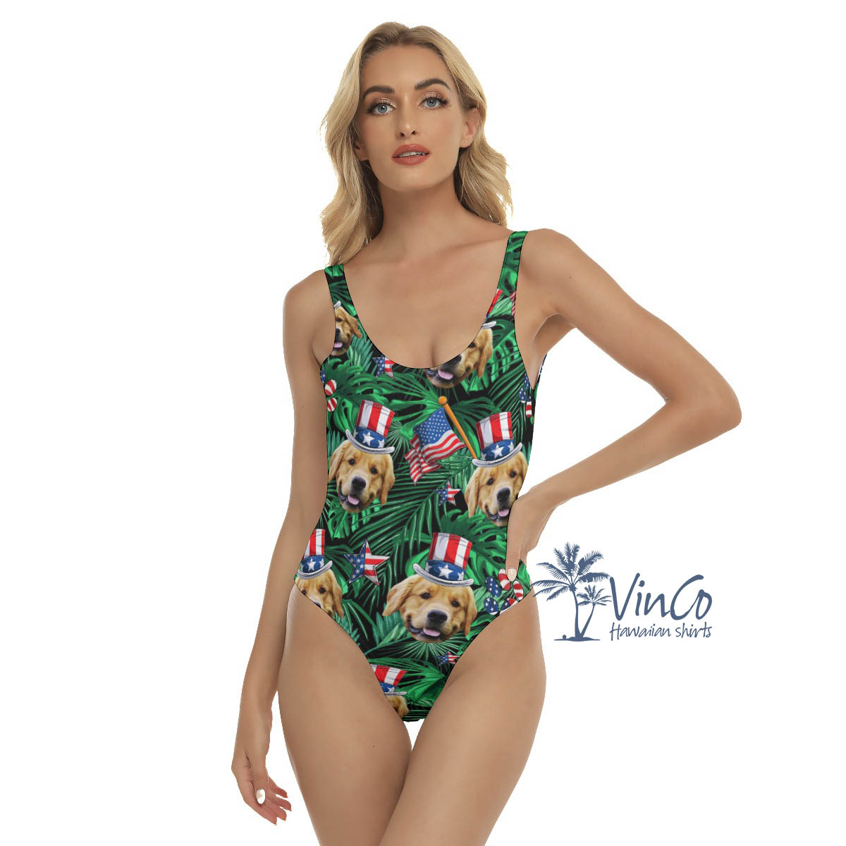 Custom Dog Face 4th Of July Tropical Hawaiian Swimsuit For Women - variant image 1