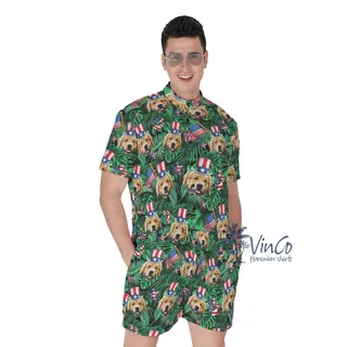 Custom Dog Face 4th Of July Tropical Hawaiian Romper For Men