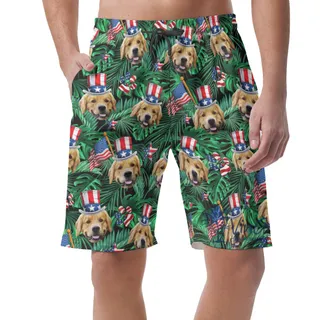 Funny Custom Dog Face Patriotic Hawaiian Beach Shorts For Men