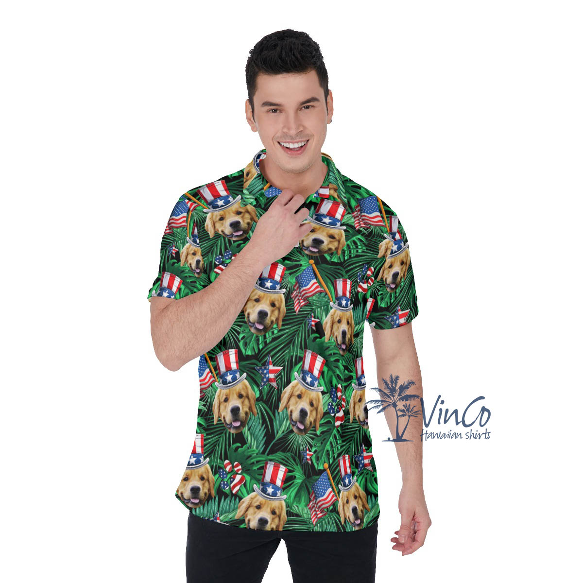 4th Of July Custom Dog Face Tropical Hawaiian Polo Shirt - variant image 1