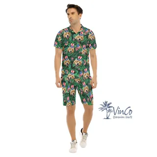 Set Custom Dog Face Patriotic Green Hawaiian Shirt And Matching Shorts For Men