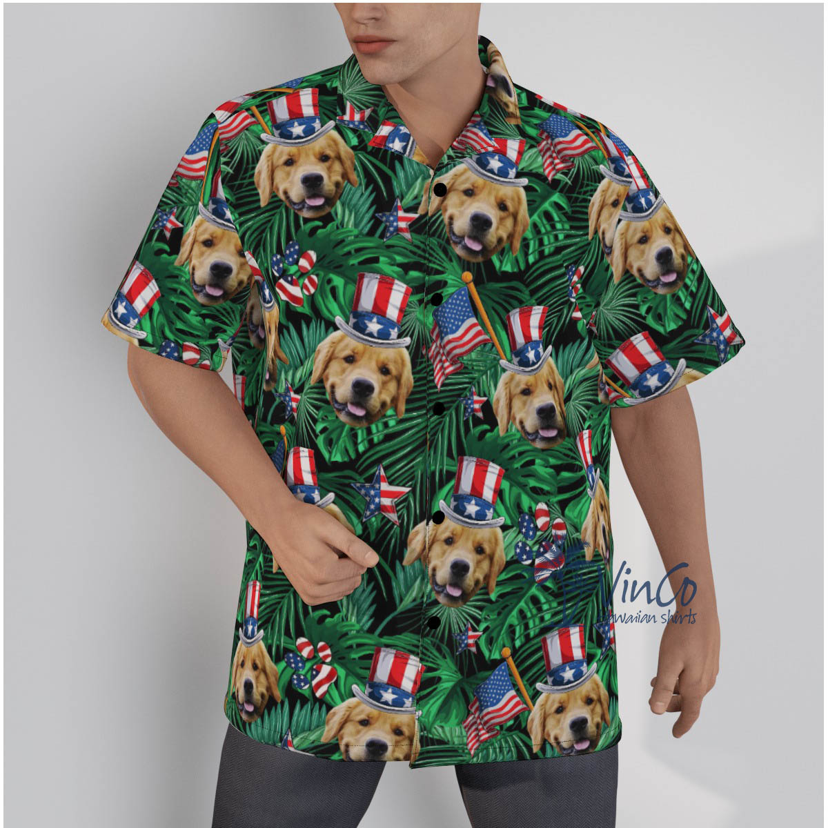 Funny Custom Dog Face American Flag Tropical Hawaiian Shirt - variant image 1