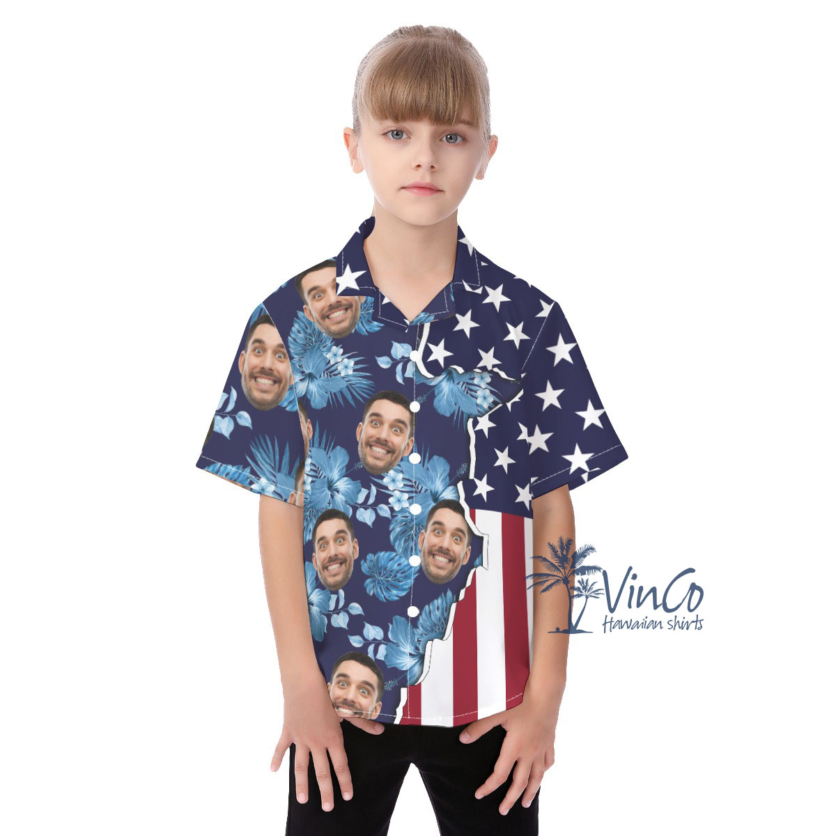Custom Face American Flag Hawaiian Kid's Shirt - variant image 1
