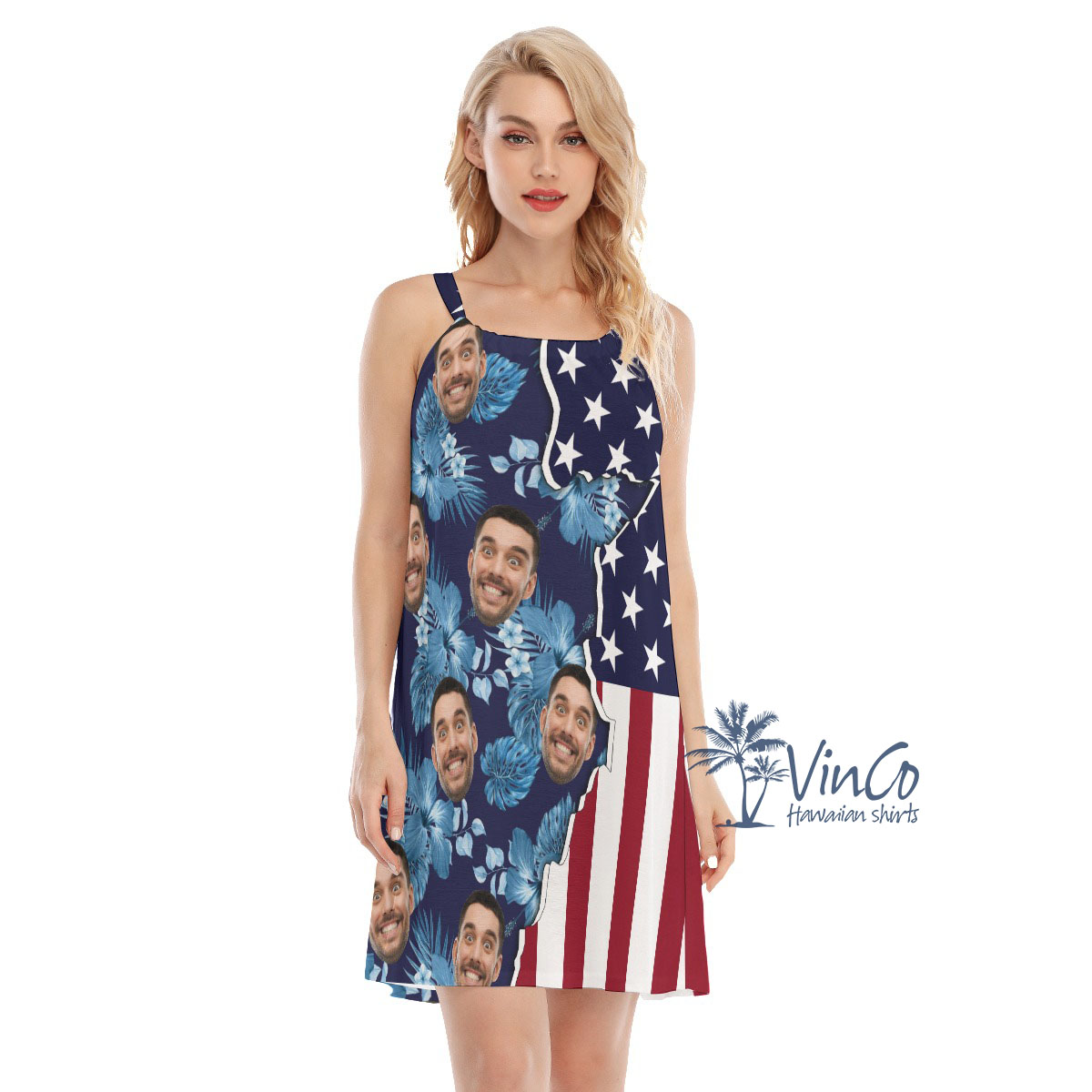 Custom Face American Flag Hibiscus Cami Dress For Women - variant image 1