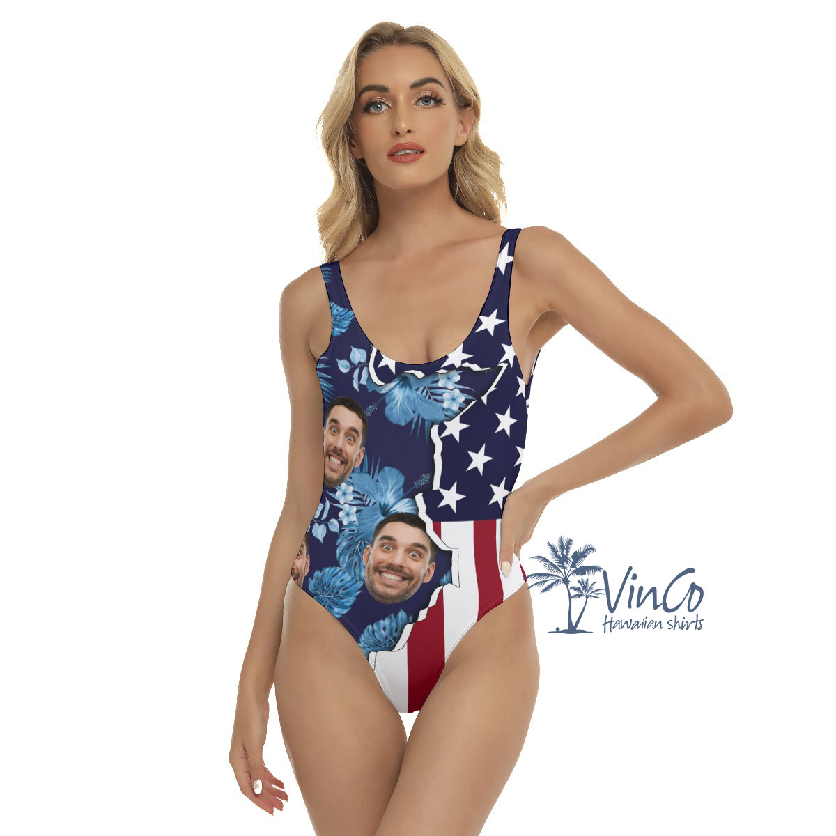 Custom Face American Flag Hibiscus Women's Swimsuit - variant image 1