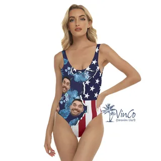 Custom Face American Flag Hibiscus Women's Swimsuit