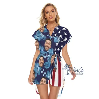 Custom American Flag Hibiscus Hawaiian Dress With Face