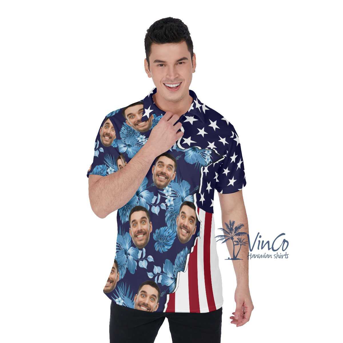 Custom Face American Flag Hibiscus Men's Polo Shirt - variant image 1