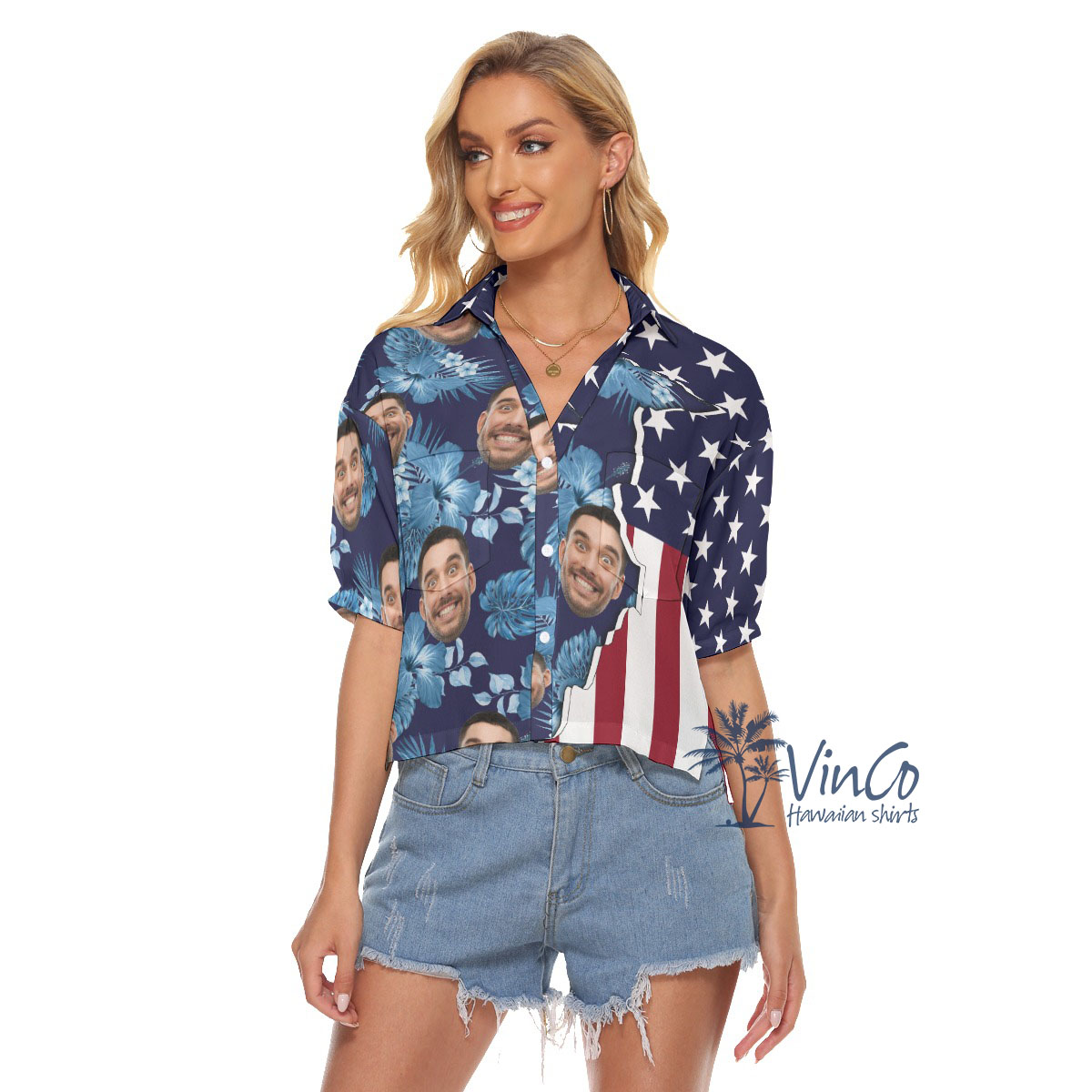 Custom Face American Flag Women's Hawaiian Crop Top - variant image 1